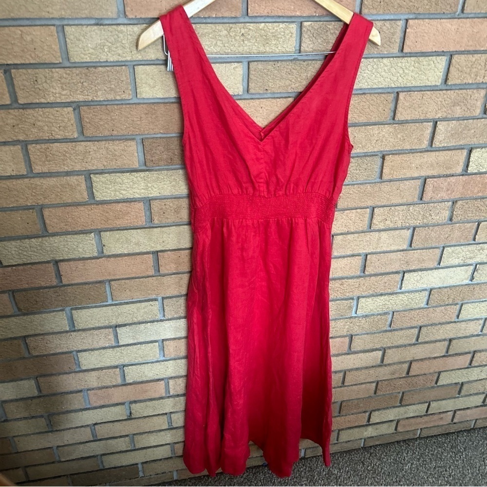 Joie 100% Linen Sleeveless Midi Dress With Pockets Size 8 Red Stretch Waist - Picture 4 of 4